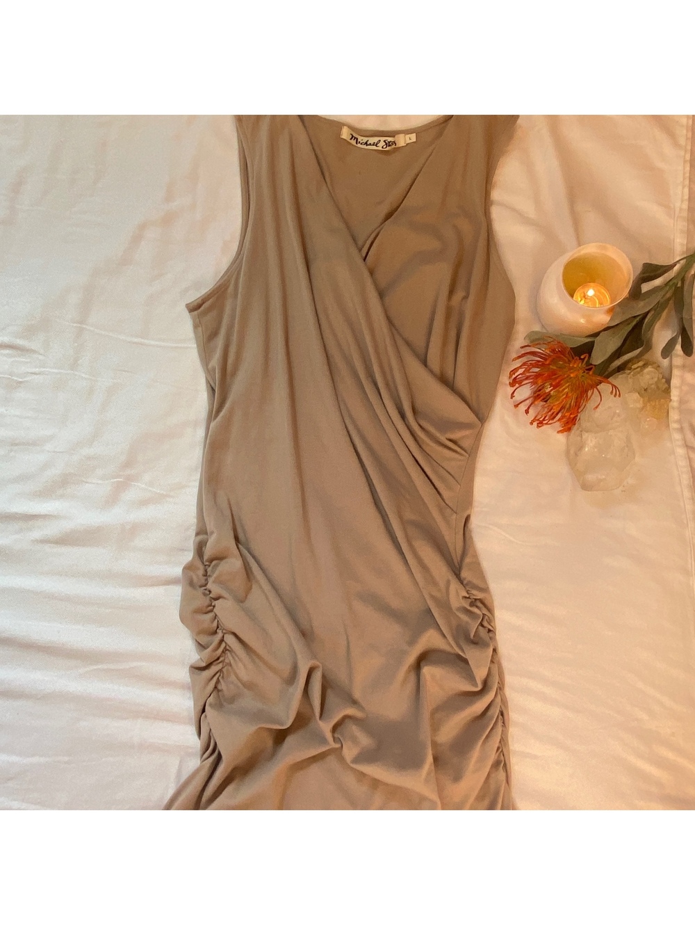 Michael Stars Dress Bodycon Ruched V-Neck Boho Luxury Office Fairy Minimalist